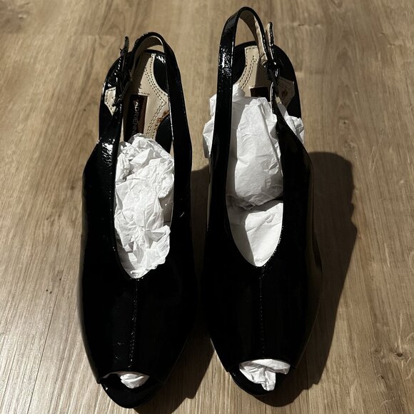 Adrienne Vittadini AV-Perry Women Black Patent Peep Toe Slingback Heels sz 7.5 - Picture 2 of 9